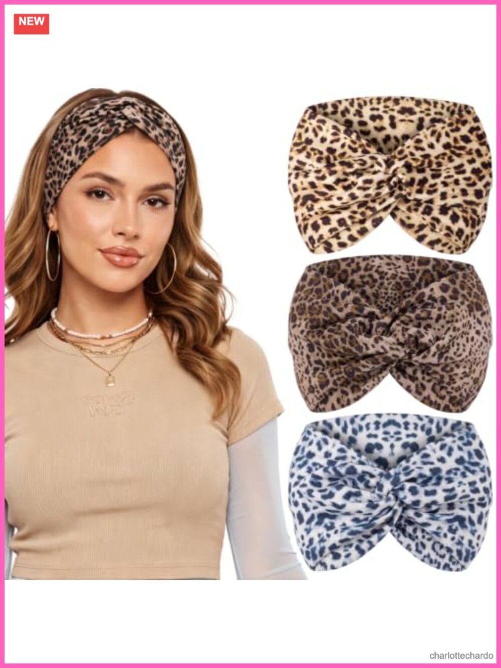 3 Pack Wide Leopard Print Headbands Stretch Polyester Spandex